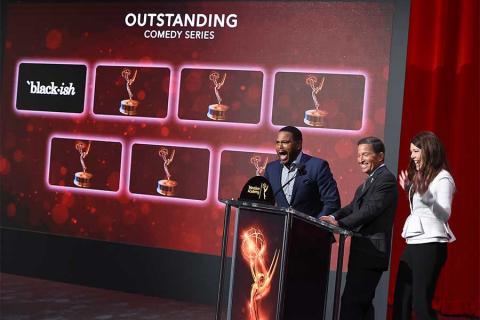 Anthony Anderson is excited to see that black-ish has been nominated as Lauren Graham and Television Academy chairman and CEO Bruce Rosenblum look on in the Wolf Theatre at the Saban Media Center, North Hollywood, California on July 14, 2016.