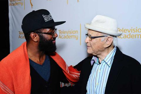 Baratunde Thurston greets Norman Lear on the red carpet at An Evening with Norman Lear at the Montalban Theater in Hollywood.