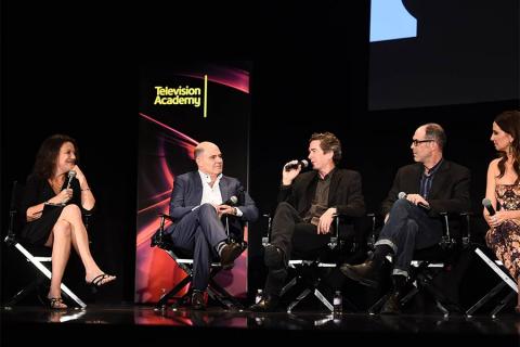 Debra Birnbaum, Matthew Weiner, Dan Bishop, Chris Manley, and Janie Bryant onstage at "A Farewell to Mad Men," May 17, 2015 at the Montalbán Theater in Hollywood, California.