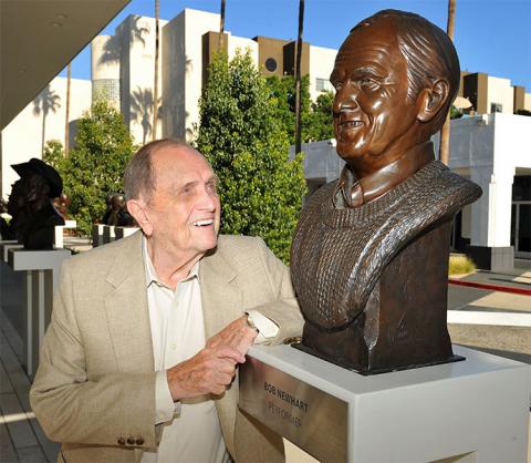 Newhart meets Newhart at The Rise of the Cerebral Comedy: A Conversation with Bob Newhart, presented Tuesday, Aug. 8, 2017, at the Television Academy's Wolf Theater at the Saban Media Center in North Hollywood, California. 