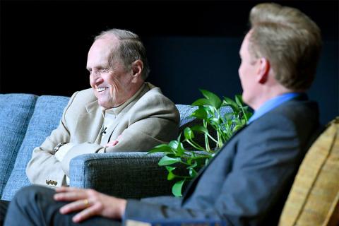 Bob Newhart and Conan O'Brien onstage at The Rise of the Cerebral Comedy: A Conversation with Bob Newhart, presented Tuesday, Aug. 8, 2017, at the Television Academy's Wolf Theater at the Saban Media Center in North Hollywood, California. 