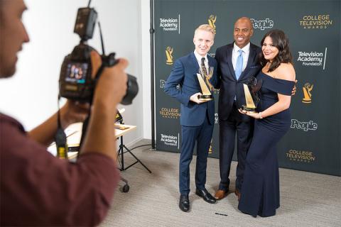 Kevin Frazier poses with winners at the 38th College Television Awards presented by the Television Academy Foundation at the Saban Media Center on Wednesday, May 24, 2017, in the NoHo Arts District in Los Angeles. 