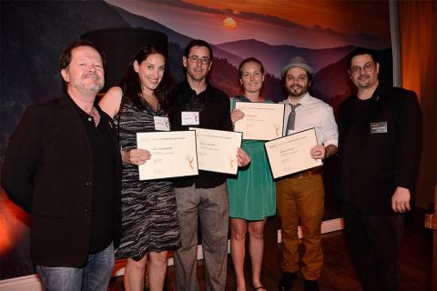 Chuck Sheetz and Russell Calabrese with the team from Bob's Burgers at the Animation and Children's Programming Nominee Reception in North Hollywood, California.