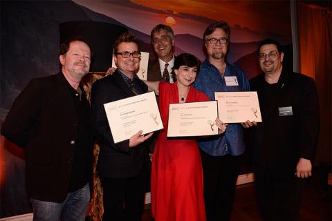 Chuck Sheetz and Russell Calabrese with the team from Phineas and Ferb at the Animation and Children's Programming Nominee Reception in North Hollywood, California.