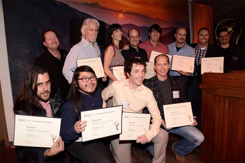 Chuck Sheetz and Russell Calabrese with the team from The Regular Show at the Animation and Children's Programming Nominee Reception in North Hollywood, California.