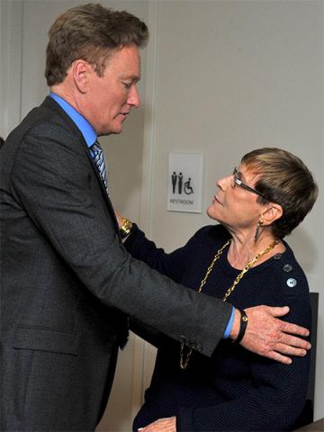 Conan O'Brien greets Barbara Rickles backstage at The Rise of the Cerebral Comedy: A Conversation with Bob Newhart, presented Tuesday, Aug. 8, 2017, at the Television Academy's Wolf Theater at the Saban Media Center in North Hollywood, California. 