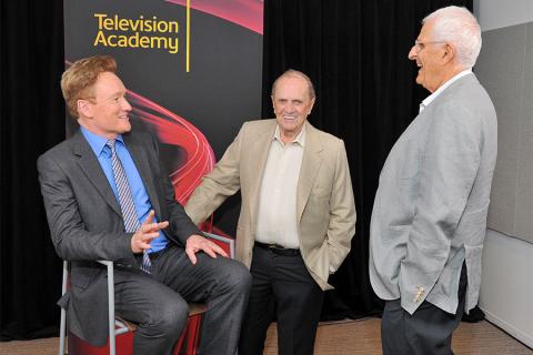 Conan O'Brien, Bob Newhart and Peter Bonerz at The Rise of the Cerebral Comedy: A Conversation with Bob Newhart, presented Tuesday, Aug. 8, 2017, at the Television Academy's Wolf Theater at the Saban Media Center in North Hollywood, California. 