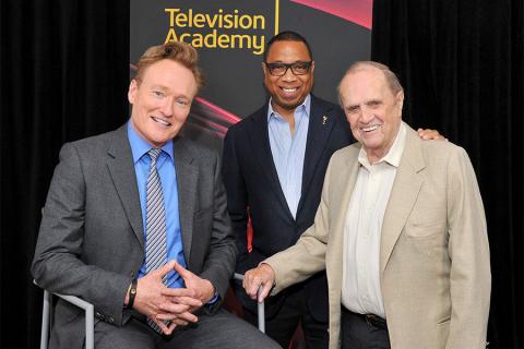 Conan O'Brien, Television Academy chairman and CEO Hayma Washington, and Bob Newhart at The Rise of the Cerebral Comedy: A Conversation with Bob Newhart, presented Tuesday, Aug. 8, 2017, at the Television Academy's Wolf Theater at the Saban Media Center i