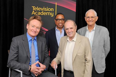 Conan O'Brien, Television Academy chairman and CEO Hayma Washington, Bob Newhart and Peter Bonerz at The Rise of the Cerebral Comedy: A Conversation with Bob Newhart, presented Tuesday, Aug. 8, 2017, at the Television Academy's Wolf Theater at the Saban M