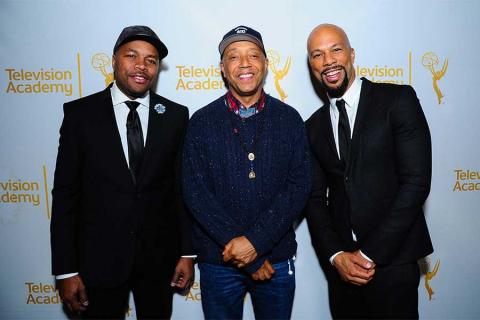 D-Nice, Russell Simmons and Common on the red carpet at An Evening with Norman Lear at the Montalban Theater in Hollywood.