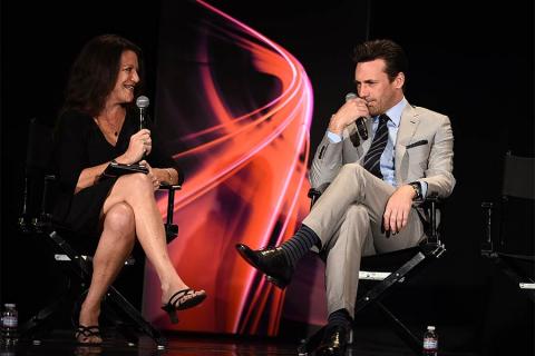 Panel moderator Debra Birnbaum and Jon Hamm onstage at "A Farewell to Mad Men," May 17, 2015 at the Montalbán Theater in Hollywood, California.