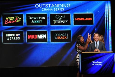 Uzo Aduba and Cat Deeley react as Television Academy CEO Bruce Rosenblum announces the nominees for Outstanding Drama Series at the nominations announcement for the 67th Emmy Awards  July 16, 2015 at the Pacific Design Center in Los Angeles, CA.