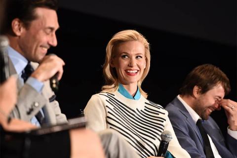 Jon Hamm, January Jones, and Vincent Kartheiser onstage at "A Farewell to Mad Men," May 17, 2015 at the Montalbán Theater in Hollywood, California.