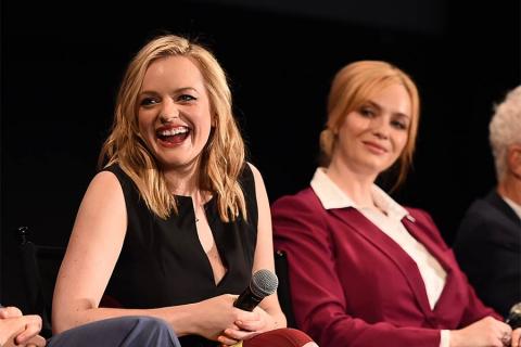 Elisabeth Moss and Christina Hendricks onstage at "A Farewell to Mad Men," May 17, 2015 at the Montalbán Theater in Hollywood, California.