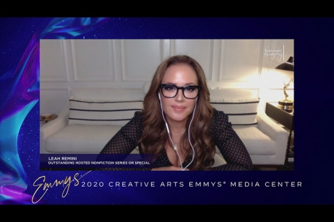Leah Remini is interviewed about her win in the 2020 Creative Arts Emmy Awards Media Center on Saturday, September 19, 2020.