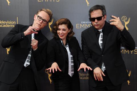 Jack Dolgen, Rachel Bloom, and Adam Schlesinger arrive on the red carpet at the 2016 Creative Arts Emmys.