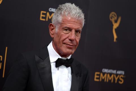 Anthony Bourdain on the red carpet at the 2016 Creative Arts Emmys.