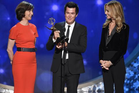Cecile Frot-Coutaz, Simon Fuller, and Dana Walden accept their award at the 2016 Creative Arts Emmys.