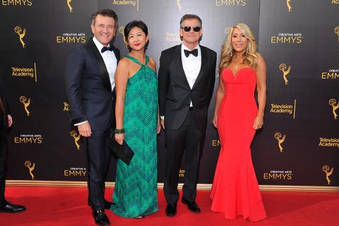 Robert Herjavec, Yun Lingner, Clay Newbill, and Lori Grenier on the red carpet at the 2016 Creative Arts Emmys.