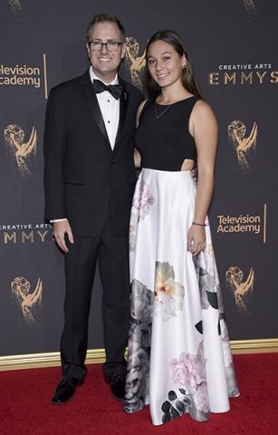 President and COO of the Television Academy Maury McIntyre and Dabney Welborn on the red carpet at the 2017 Creative Arts Emmys. 
