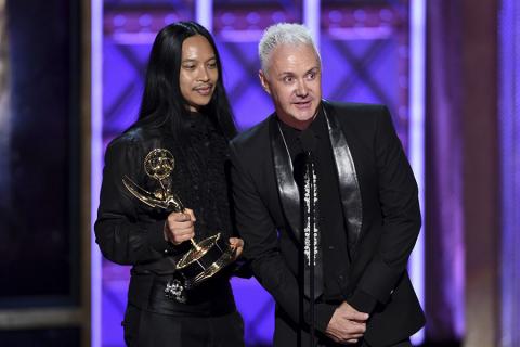 Zaldy Goco and Perry Meek accept their award at the 2017 Creative Arts Emmys.