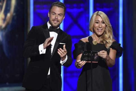 Derek Hough and Lori Greiner present an award at the 2017 Creative Arts Emmys.