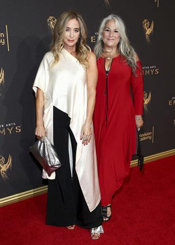 Allyson Fanger and Marta Kauffman on the red carpet for the 2017 Creative Arts Emmys.