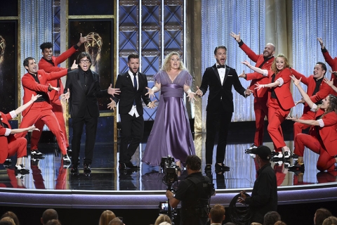 Fred Tallaksen, Travis Wall, Mandy Moore, and Derek Hough on stage at the 2017 Creative Arts Emmys.