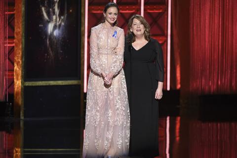 Alexis Bledel and Ann Dowd on stage at the 2017 Creative Arts Emmys.