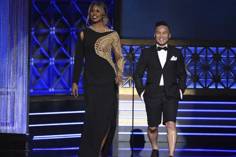 Laverne Cox and BD Wong present an award at the 2017 Creative Arts Emmys. 