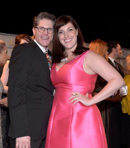 Bob Bergen (l) and Allison Tolman (r) arrive at the 66th Primetime Emmy Awards at the Nokia Theater. 