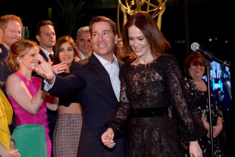 Academy Chairman & CEO Bruce Rosenblum, left, and nominee Sarah Paulson attend the Television Academy's 66th Emmy Awards Performance Nominee Reception at the Pacific Design Center on Saturday, Aug. 23, 2014, in West Hollywood, Calif. (Photo by Invision fo