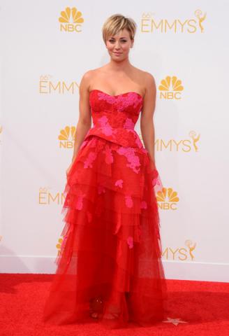 Kaley Cuoco-Sweeting of The Big Bang Theory arrives at the 66th Emmy Awards.
