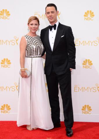 Colin Hanks of Fargo and his wife Samantha Bryant arrive at the 66th Emmy Awards.