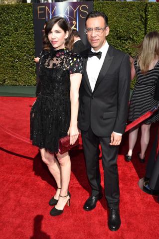 Carrie Brownstein and Fred Armisen arrive for the 2014 Primetime Creative Arts Emmys.