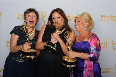 Stephanie Gorin (left), Rachel Tenner and Jackie Lind celebrate at the 2014 Primetime Creative Arts Emmys.