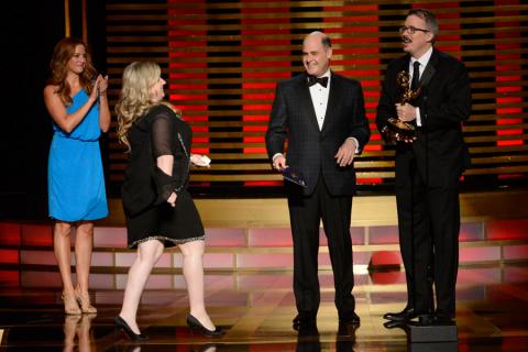 Jennifer Euston accepts the award for outstanding casting for Orange is the New Black from Matt Weiner and Vince Gilligan.