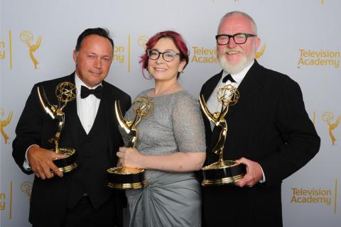 Boardwalk Empire art direction team Adam Scher (l), Carol Silverman (c) and Bill Groom (r) celebrate their win at the 2014 Primetime Creative Arts Emmys.