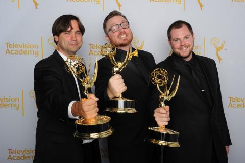 Rob Butler, Josh Earl and Art O'Leary celebrate their win at the 2014 Primetime Creative Arts Emmys.