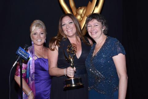 Fargo casting directors Jackie Lind (l), Rachel Tenner (c) Stephanie Gorin (r) celebrate their win at the 2014 Primetime Creative Arts Emmys.