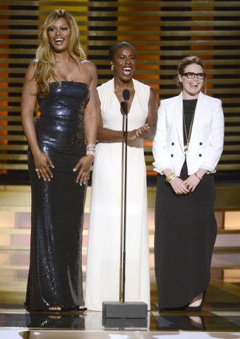Presenters Laverne Cox (l) Uzo Aduba (c) and Natasha Lyonne (r) at the 2014 Primetime Creative Arts Emmys.