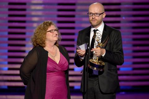 Jane Walker and Barrie Gower accept the award for outstanding prosthetic makeup for their work on Game of Thrones.