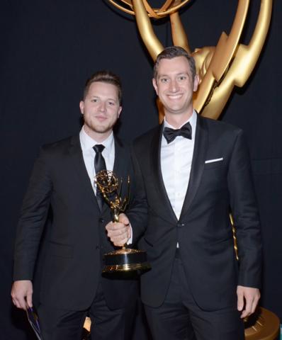 House of Cards sound mixers Scott R. Lewis (l) and Nathan Nance (r) celebrate their win at the 2014 Primetime Creative Arts Emmys.