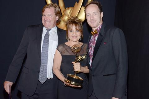 Mike Malone (l), Bettina Levesque (c) and Seth Saint Vincent (r) celebrate at the 2014 Primetime Creative Arts Emmys.
