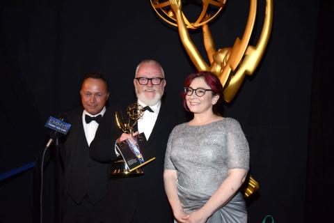 Boardwalk Empire art direction team members Adam Scher (l), Bill Groom (c) and Carol Silverman (r) celebrate their win at the 2014 Primetime Creative Arts Emmys.