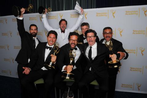 Deadliest Catch producers celebrate their win at the 2014 Primetime Creative Arts Emmys.