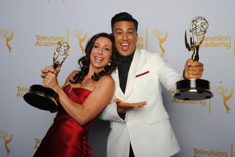 So You Think You Can Dance choreographers Tabitha D'Umo (l) and Napolian D'Umo (r) celebrate their win at the 2014 Primetime Creative Arts Emmys.