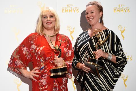 Marie Schley and Nancy Jarzynko backstage at the 2015 Creative Arts Emmys.