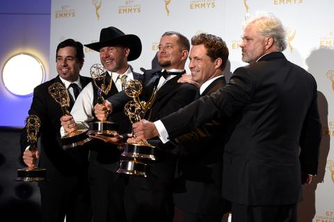 David Reichart, Todd Stanley, Steven Wright, Breck Warwick and Matt Fahey backstage at the 2015 Creative Arts Emmy Awards.