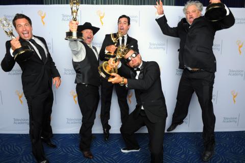 David Reichert, Todd Stanley, Steven Wright, Breck Warwick, and Matt Fahey backstage at the 2015 Creative Arts Emmys.
